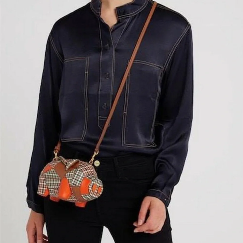 NWOT Tory Burch Peggy The Pig Leather Mini Bag Plaid - Picture 8 of 8